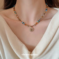Natural Stone Seed Bead Sun Pendant Gold Tone Necklace view 1