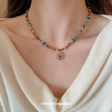 Natural Stone Seed Bead Sun Pendant Gold Tone Necklace