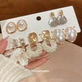 Gold Pearl Shell Crystal Stud Drop Earring Ten Piece Set view 3