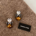 Silver Tone Crystal and Brown Cabochon Drop Stud Earrings view 3
