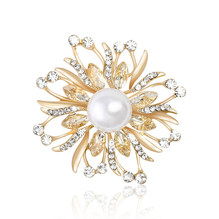 Pearl Center Flower Brooch Rhinestones Gold or Silver Tone