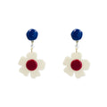 Navy Blue Cream Flower Pearl Drop Earrings Red Center view 5