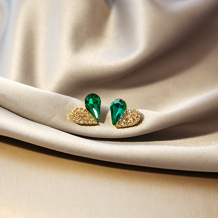 Emerald Green Double Heart Crystal Look Small Stud Earrings