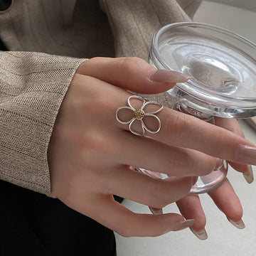 Silver Tone Open Wire Flower Ring With Textured Gold Tone Center