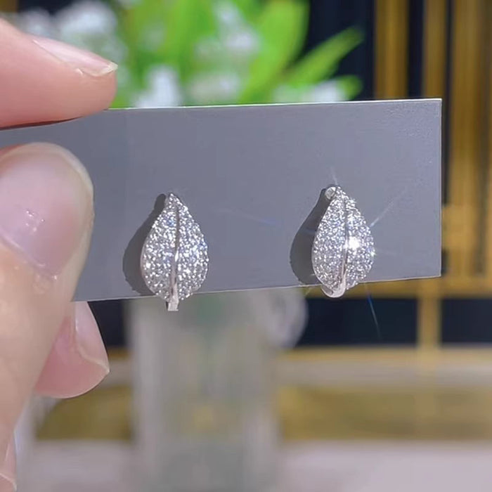 White Gold Tone Pave Crystal Leaf Huggie Hoop Earrings