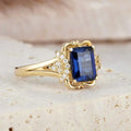 Gold Tone Blue Emerald Cut Center Stone Ring Clear Accents view 2