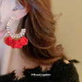 Red Petal and Crystal Open Hoop Drop Earrings Decorative Jewelry view 3