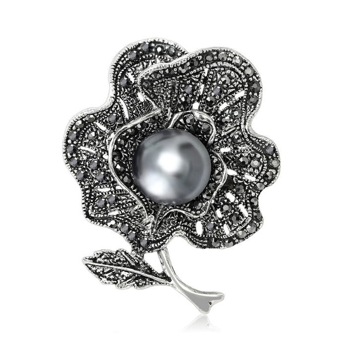 Black Crystal Flower Brooch With Gray Pearl Center