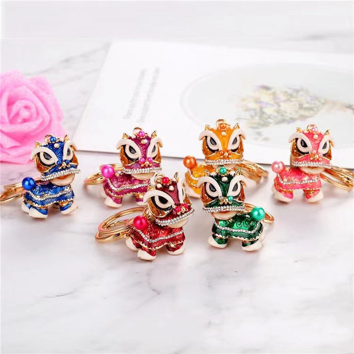 Chinese Lion Dance Keychain Enamel Rhinestone Bag Charm