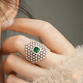 Green Square Stone Multi-Layer Burst Statement Ring In Silver Tone view 3