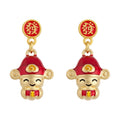 Gold Fa Stud Red Enamel God of Wealth Drop Earrings Pair view 5