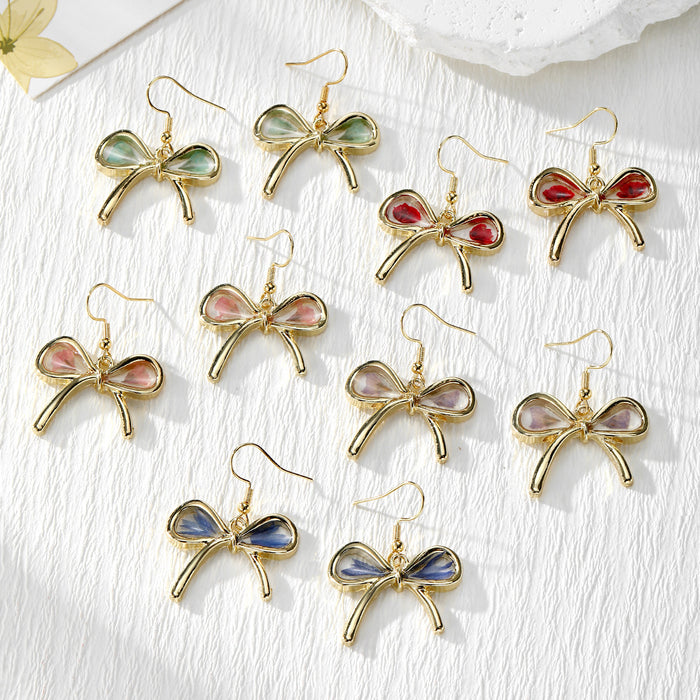 Gold Bow Dried Flower Resin Drop Earrings Five Petal Colors