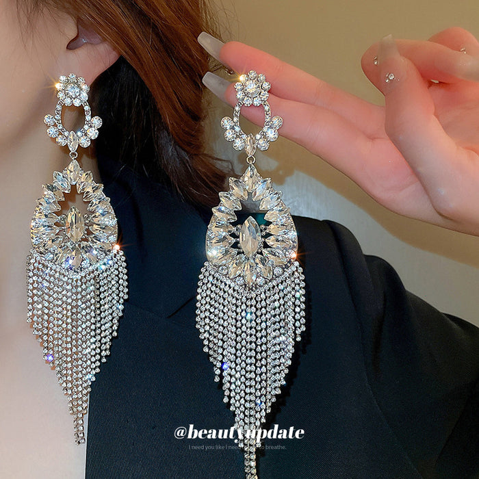 Silver Tone Crystal Teardrop Fringe Statement Earrings