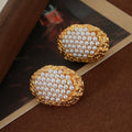 Gold Oval Textured Stud Earrings Pearl or Crystal Center view 2
