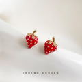Red Enamel Strawberry Stud Earrings Gold Dots Crystal Leaves view 3