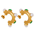 Gold Textured C Hoop Earrings Pearl Green Stone Accents view 5