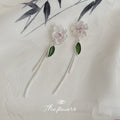 Silver Tone White Flower Pink Center Green Leaf Chain Stud Earrings view 4