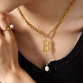 Letter B Cuban Chain Pearl Drop Necklace Gold Steel Tone view 4