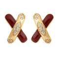 Gold X Cross Stud Earrings Wine Red Enamel Pave Pair view 5