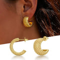 Gold Beaded Texture Mini C-Shape Stud Hoop Earrings view 2