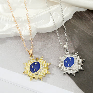 Gold and Silver Tone Blue Enamel Celestial Burst Necklaces