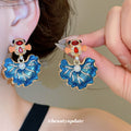 Blue Enamel Koi and Flower Statement Stud Earrings view 2