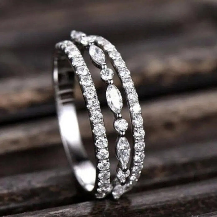 Silver Tone Triple Band Marquise Openwork Ring Sizes 6-10