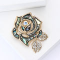 Gold Tone Abalone Shell Rose Brooch Rhinestone Leaves view 3