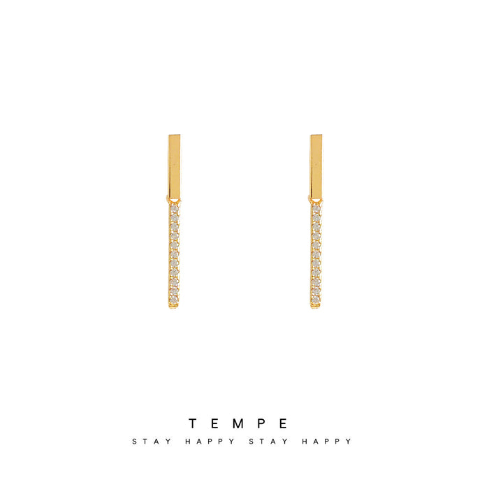 Gold Vertical Bar Drop Stud Earrings Pave CZ Drops