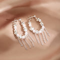 Pearl Look Silver Tone Chain Fringe Open Hoop Earrings view 6