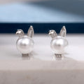Silver Bunny Ear White Faux Pearl Stud Earrings Pair view 1