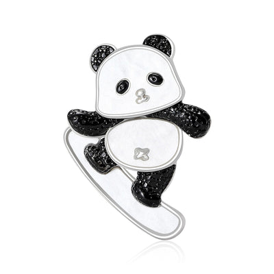 Front view of a black-and-white panda riding a curved silver-tone skateboard
