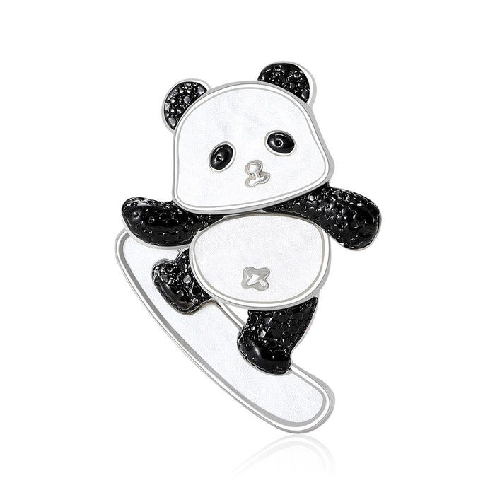Black And White Panda Skateboard Brooch With Crystal Accent