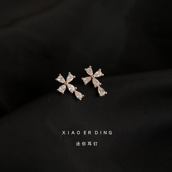 Mini Clear Crystal Cross Stud Earrings Silver Tone
