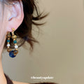 Blue and Brown Beaded Hoop Drop Earrings with Metal Tone Details view 4