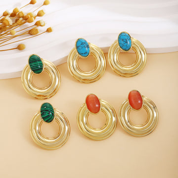 Three Color Round Stone Look Gold Tone Dangle Stud Earrings