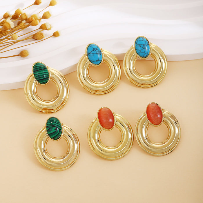 Three Color Round Stone Look Gold Tone Dangle Stud Earrings