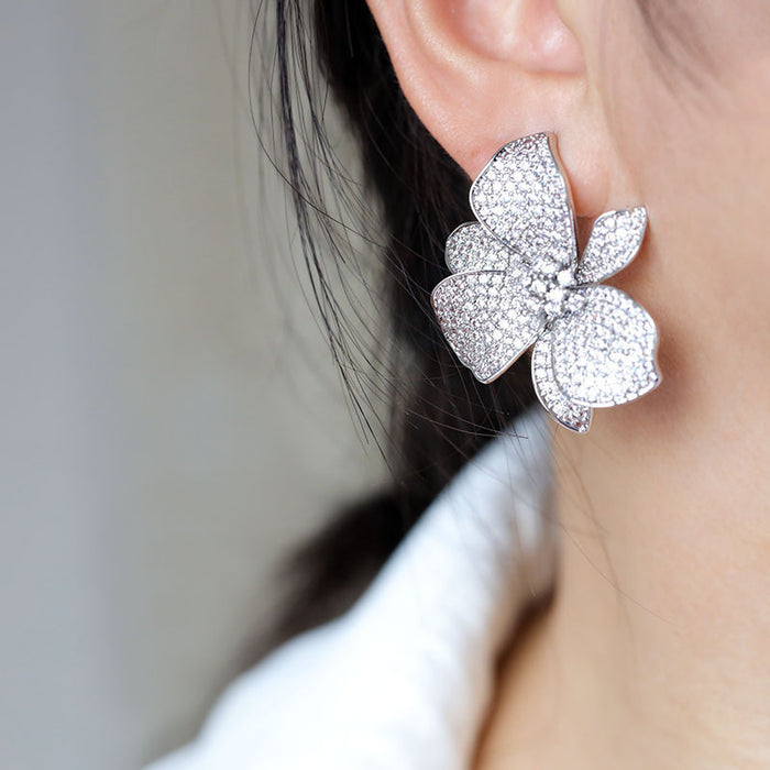 Pave CZ Flower Orchid Stud Earrings Silver Or Gold Tone