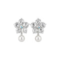 Iridescent Crystal Flower Stud Earrings with Round White Pearl Drops view 5