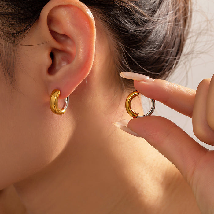 Chunky Two-Tone Huggie Hoop Earrings Gold Steel Metal Pair