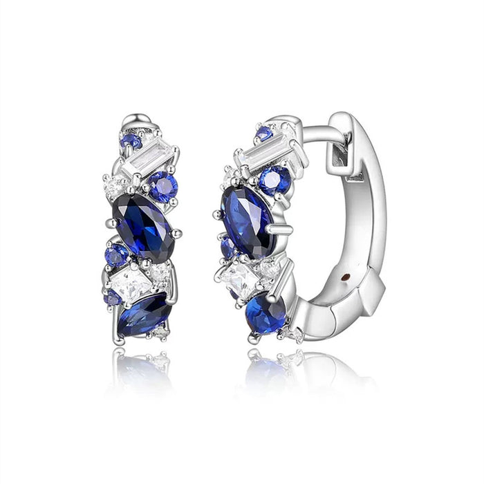 Blue Mixed-Cut Stone Small Hoop Earrings In Silver Tone