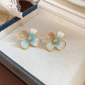Gold Tone Blue and White Flower Earrings in Two Styles view 7