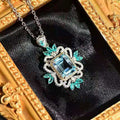 Aqua Rectangular Stone Leaf Cluster Pendant Necklace Silver Tone view 2