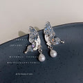 Silver Crystal Butterfly Stud Earrings Teardrop Pearl Drops view 1