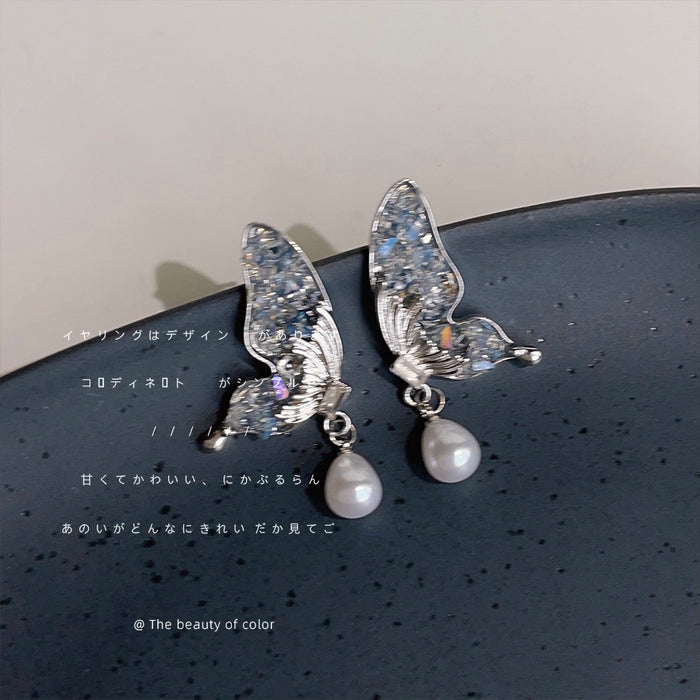 Silver Crystal Butterfly Stud Earrings Teardrop Pearl Drops