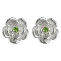 Silver Camellia Flower Stud Earrings Green Center Stone view 5
