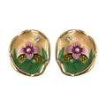 Gold Tone Enamel Pink Flower Green Leaf Stud Earrings view 5