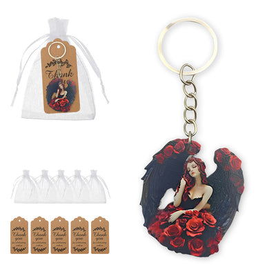 Dark angel black wings red roses wood keychain with bags and tags