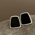 Black Inlay Geometric Trapezoid Silver Tone Stud Earrings view 6