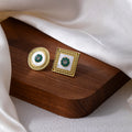 Gold Mismatched Round Square Green Center Stud Earrings view 6